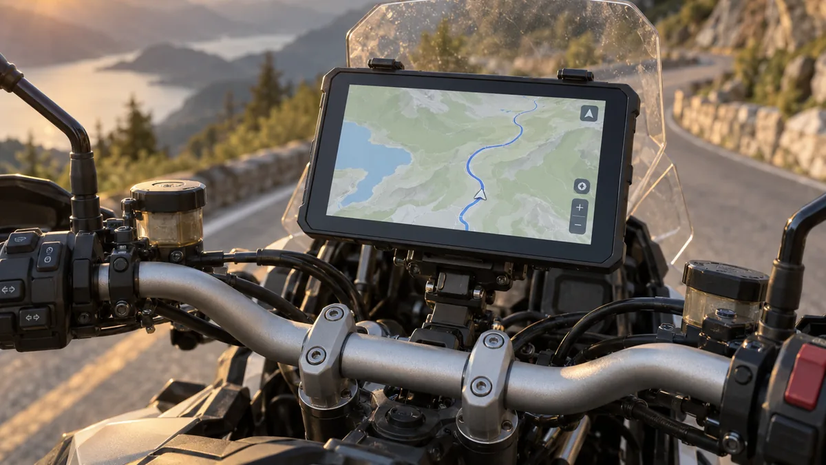 Unbranded 7-inch motorcycle CarPlay screen mounted above the handlebars of an adventure bike on a mountain road at sunset